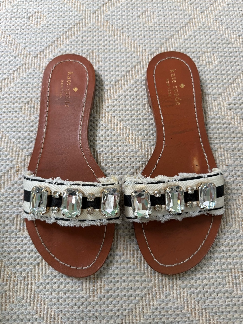 kate spade Black & White Jeweled Stripe Slide Sandals